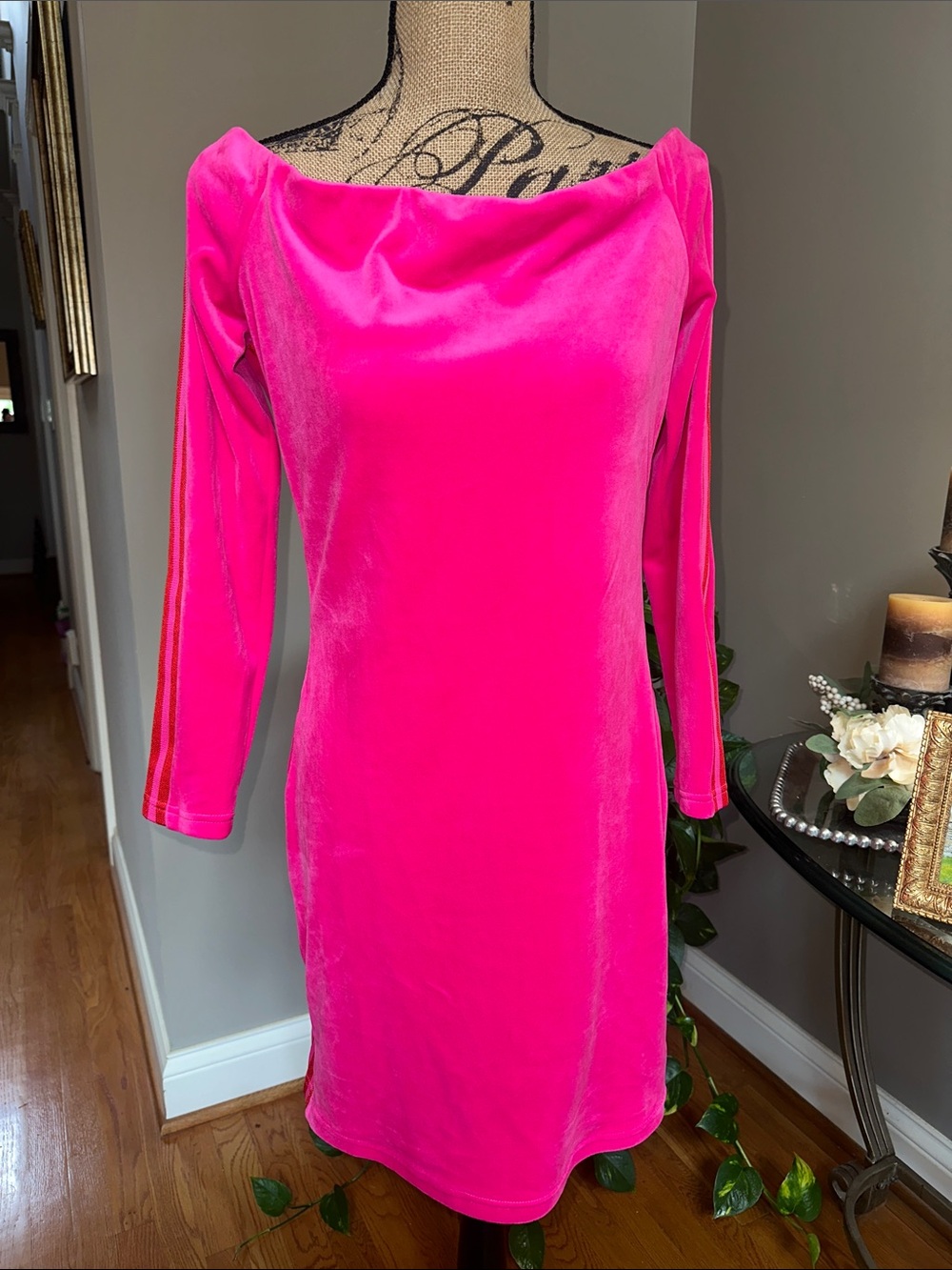 adidas Hot Pink Velvet Long Sleeve off shoulder Dress with Side Stripes XL NWT